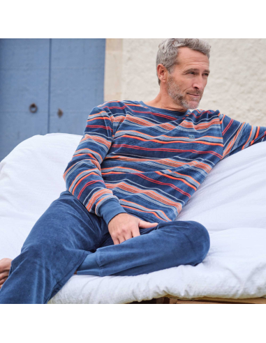 Pijama Hombre largo terciopelo rayas algodón con bolsillos y puños