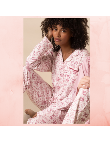 Pijama Mujer Invierno largo estampado floral corte camisero con botones 50/50 algodón viscosa